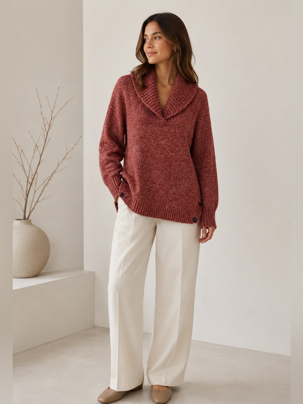Soft Surroundings Sweater Womens Medium Burgundy Cowl Neck Tunic Knit Button Hem